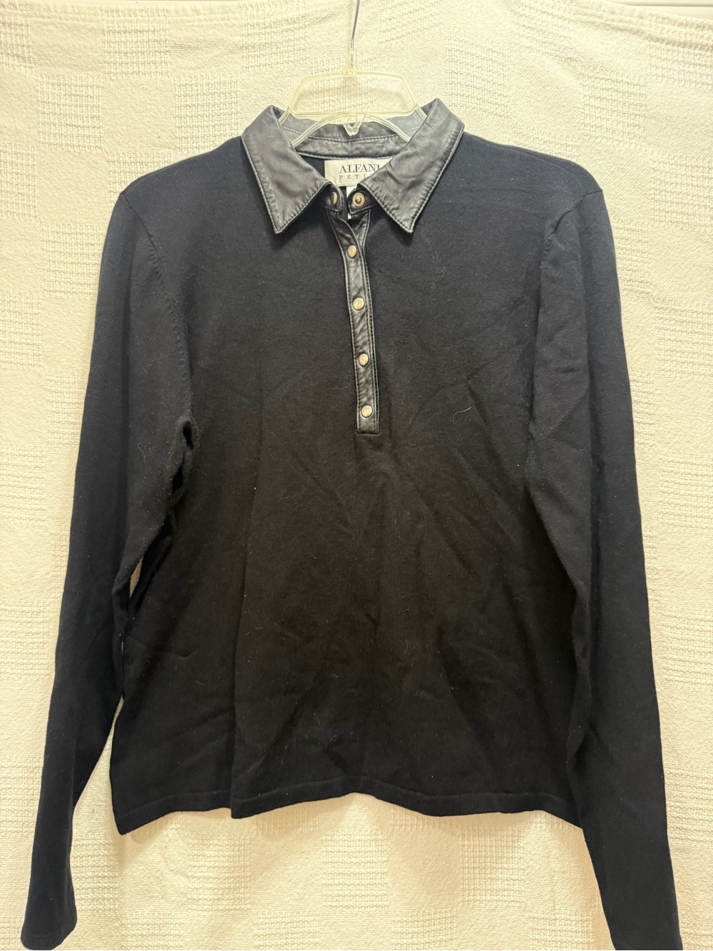 Alfani Black Long-Sleeve Polo with Faux Leather Collar